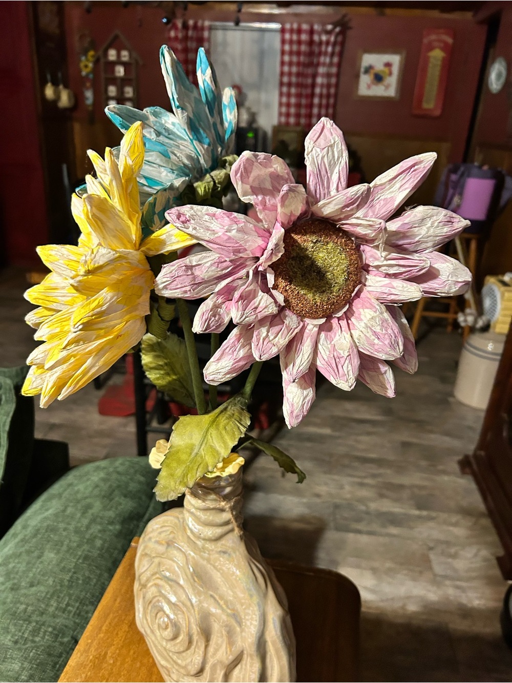 Handcrafted Pink and Yellow Paper Sunflower Bouquet Home Accent w/